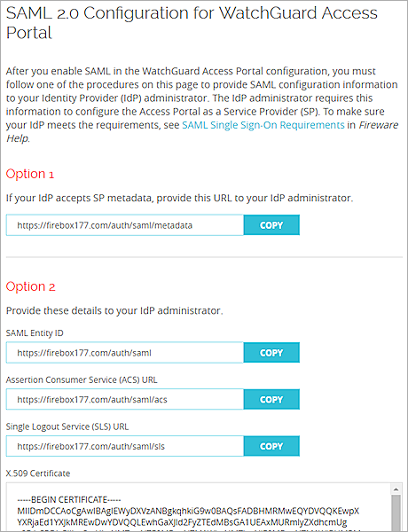 Screen shot of the SAML 2.0 Configuration page for the WatchGuard Access Portal