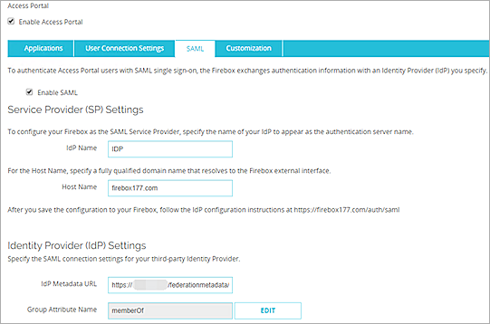 Screen shot of the SAML settings for the Access Portal