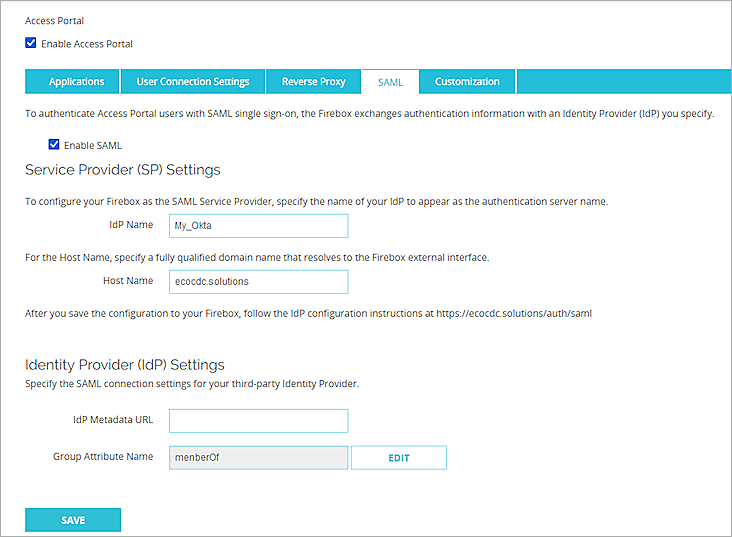 Screenshot of Firebox, Enabling SAML