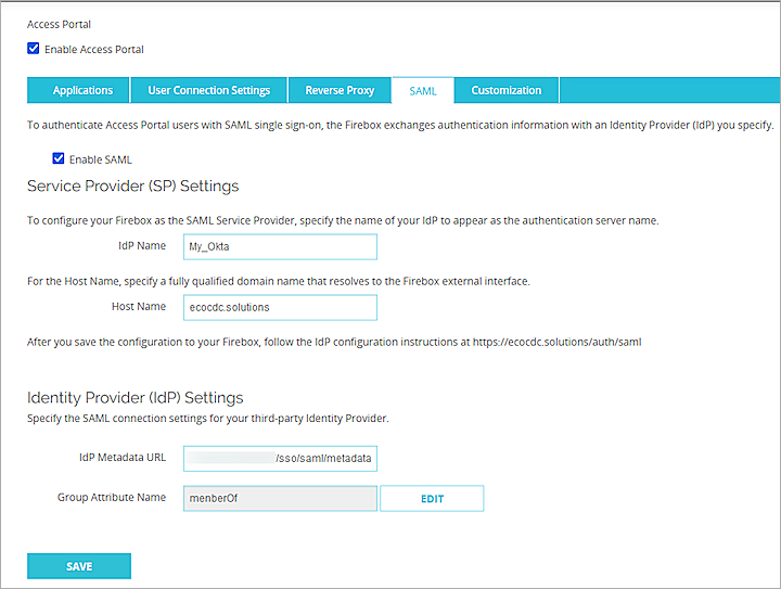 Screenshot of Firebox, IdP detadata URL