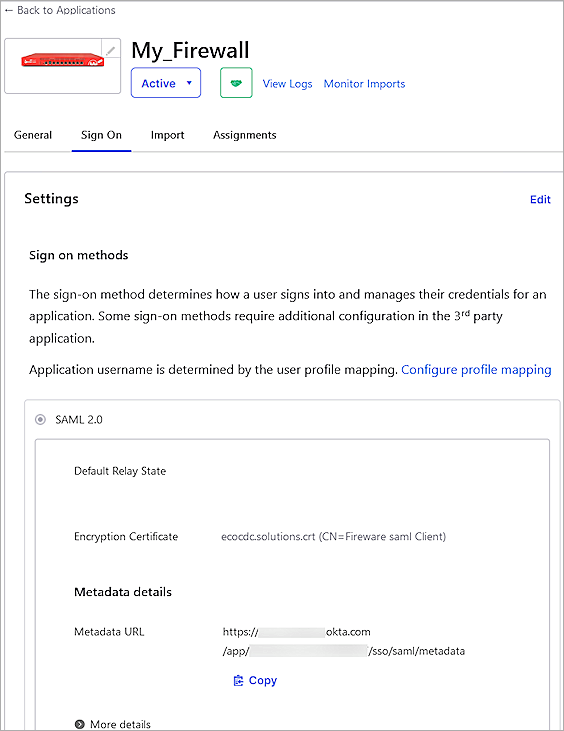 Screenshot of Okta, Okta metadata details
