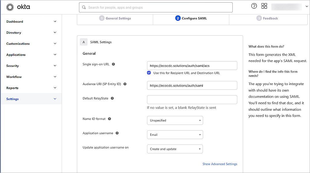 Screenshot of Okta, configure SAML
