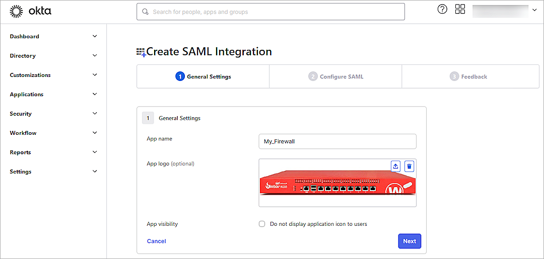Screenshot of Okta, general settings in SAML Intergration
