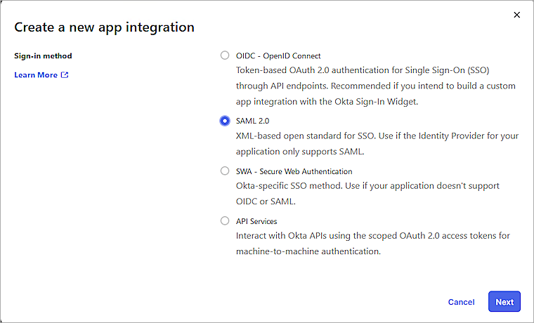 Screenshot of Okta,okta SAML 2.0