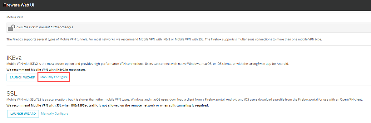 Screenshot of the Mobile VPN page in Fireware Web UI.