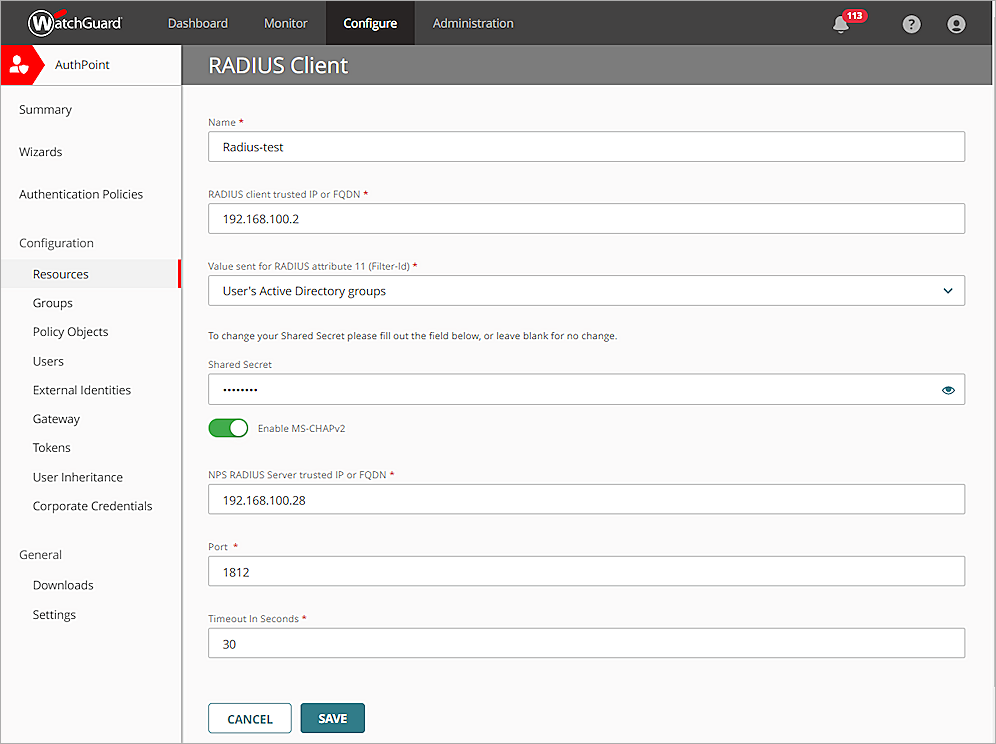 This screenshot shows the settings for the RADIUS client resource in AuthPoint.