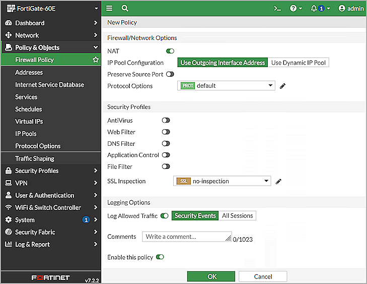 Screen shot of Fortinet New Firewall Policy page