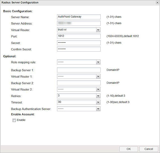 Screenshot of the settings in the RADIUS Server Configuration window.