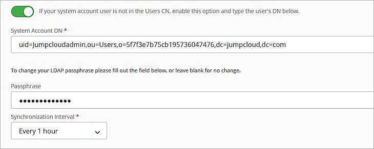 Screenshot of the external identity system account and sync interval.