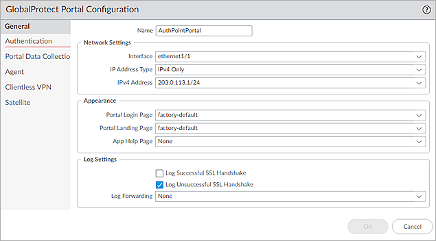 Screen shot of the GlobalProtect Portal configuration.
