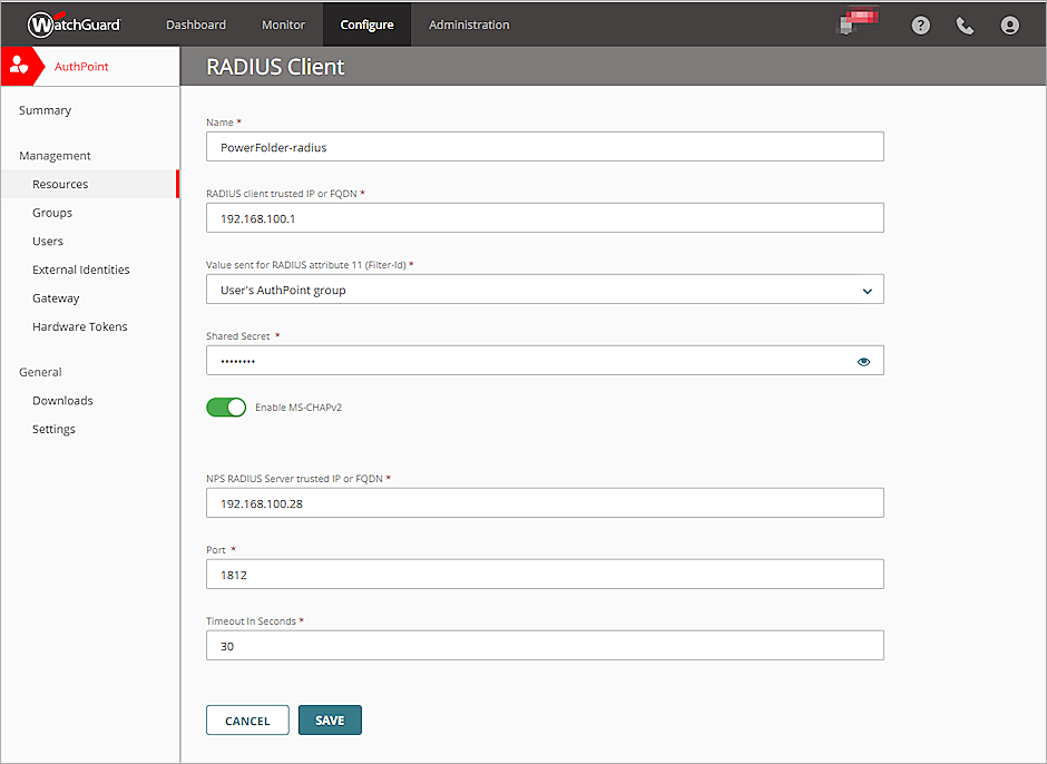Screenshot of the RADIUS client resource settings in AuthPoint.