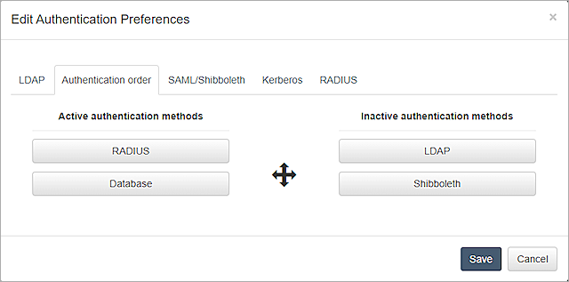 Screenshot of RADIUS and Database set as active authentication methods.