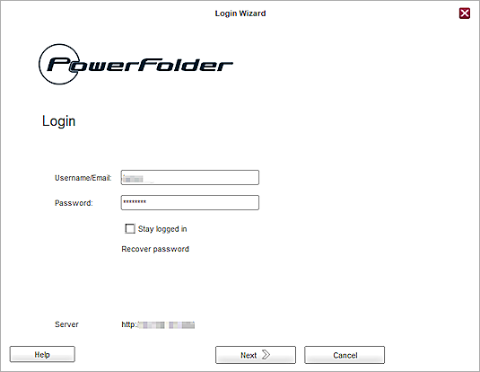 Screenshot of the PowerFolder login screen.