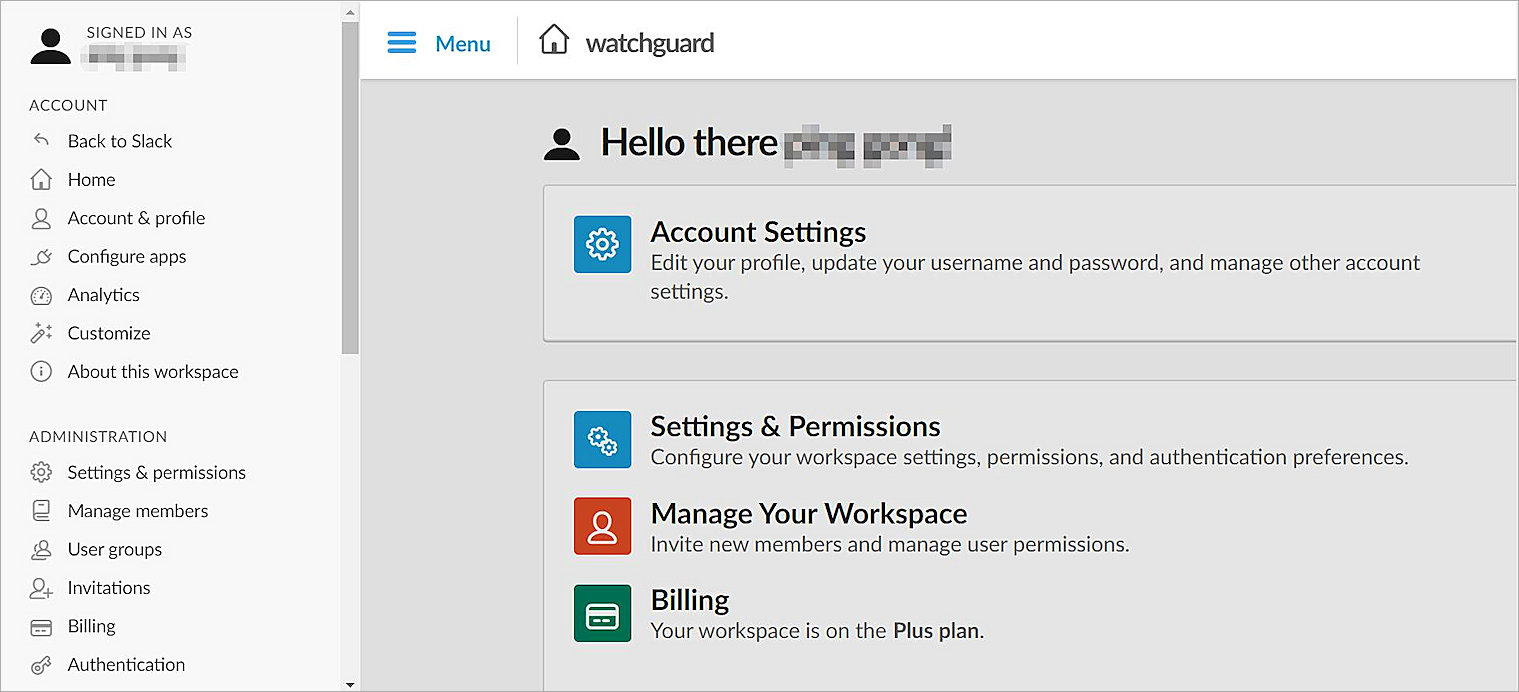 Workspace Administration page in Slack