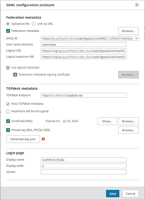 Screenshot of TOPdesk public SAML configuration