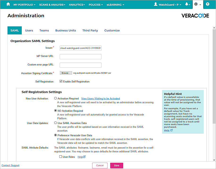 A screenshot that shows the SAML settings in Veracode.