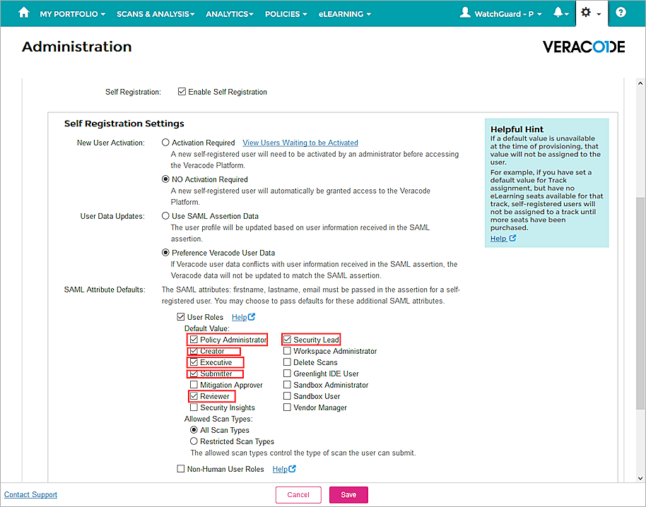 screenshot of veracode, self registration settings
