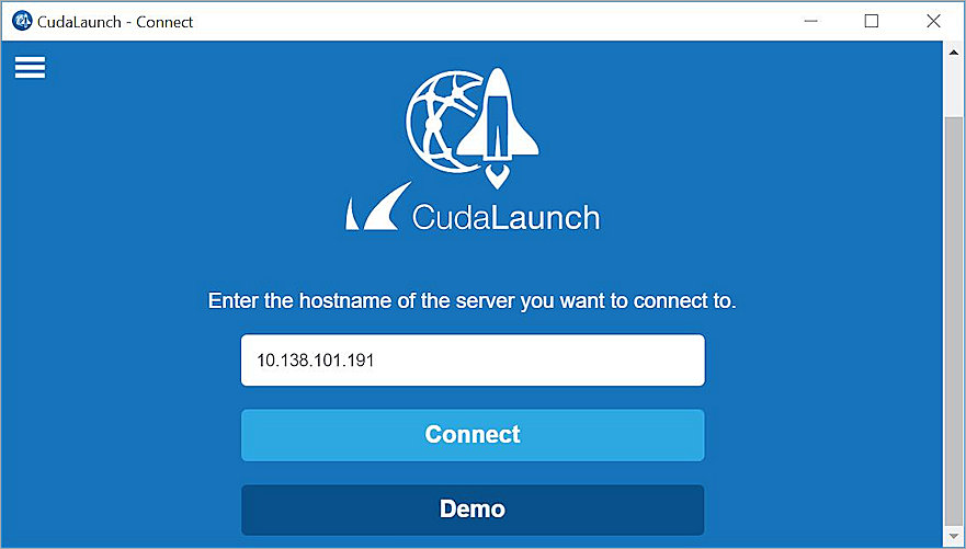 Screenshot of CudaLaunch server connection page.