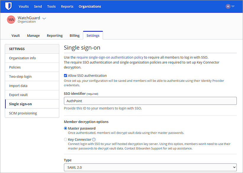 Screenshot of the Bitwarden Single Sign-On page.
