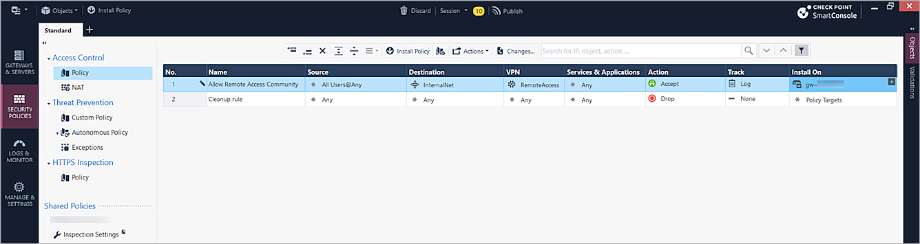 The screenshot of CheckPoint remoteaccess rule