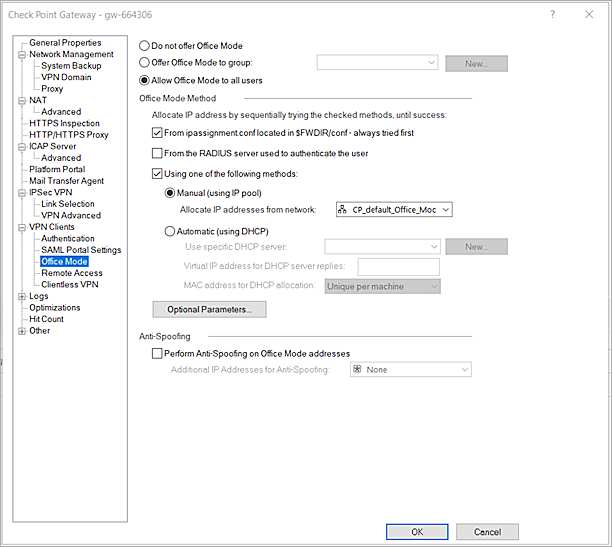 The screenshot of CheckPoint Office Mode