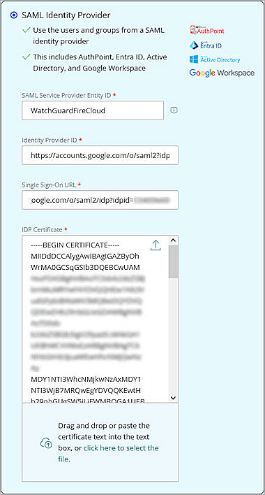 Screenshot of WGC, configure SAML Identity provider