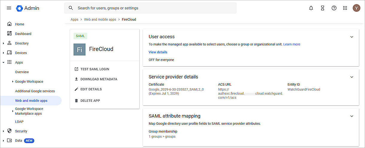 Screenshot of Okta, metadata detail of the SAML application