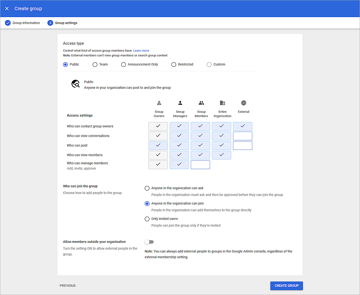 Screenshot of Google Workspace, GCI-Group-settings