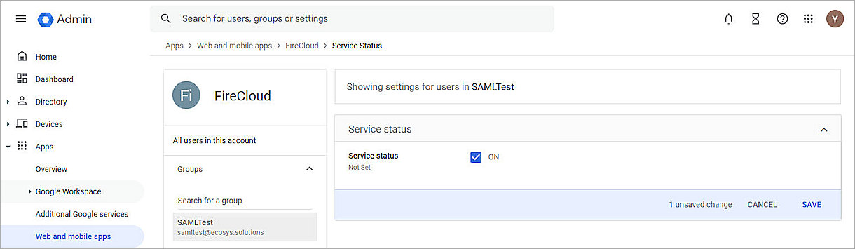 Screenshot of Google Workspace, GCI service status