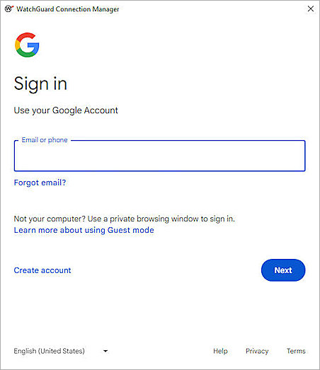 Screenshot of WatchGuard Connection Manager, login authenticate page