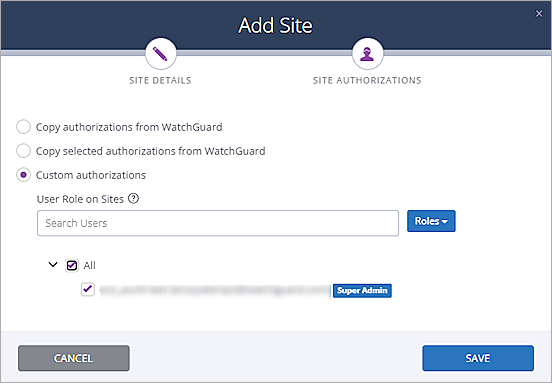 Screenshot of the Add Site - Custom Authorizations page in Auvik