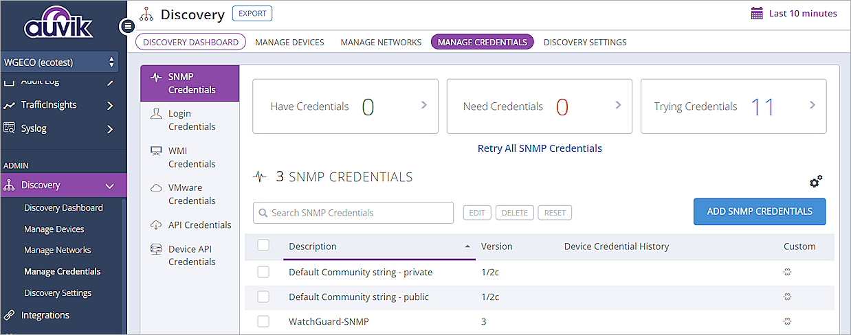 Screenshot of the SNMP Credentials page in Auvik