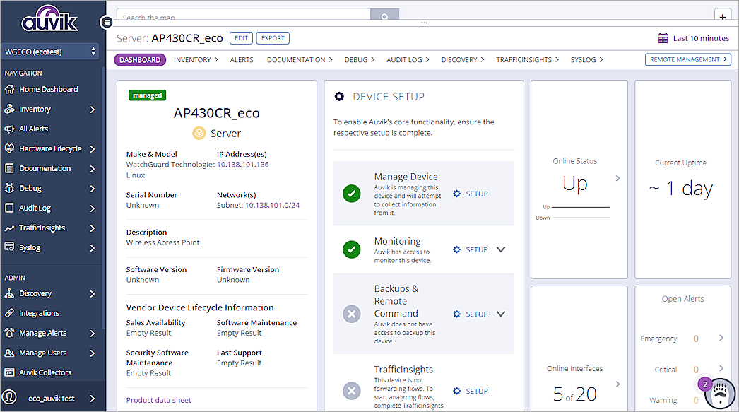 Screen shot of the Access Point details in Auvik