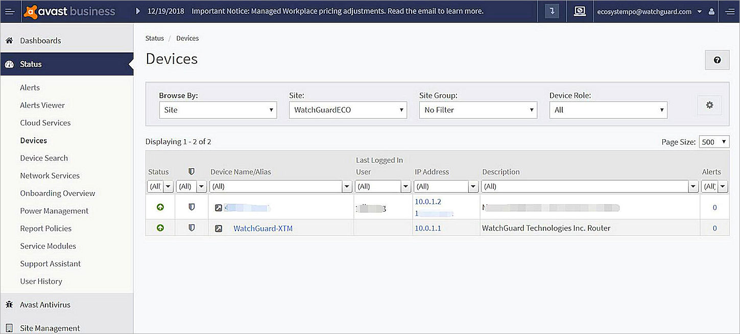 Screenshot of AVG Business Site Management, Status, Devices dialog box