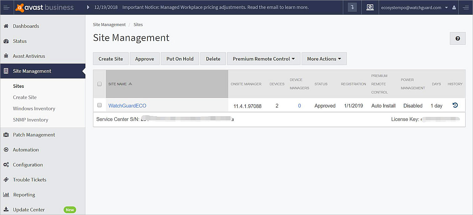 Screenshot of AVG Business Site Management, Sites dialog box