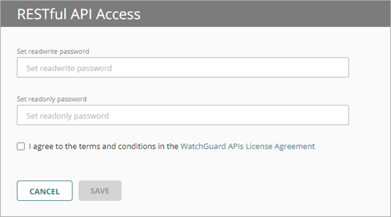 Screenshot of the user name and password page for API access in WatchGuard Cloud