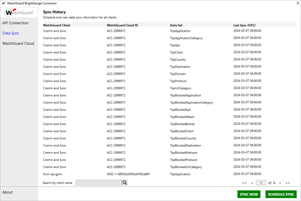 Screenshot of Data Sync page in WatchGuard BrightGauge Connector application