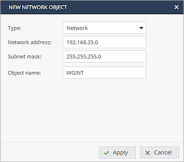 Screen shot of the New Network Object settings