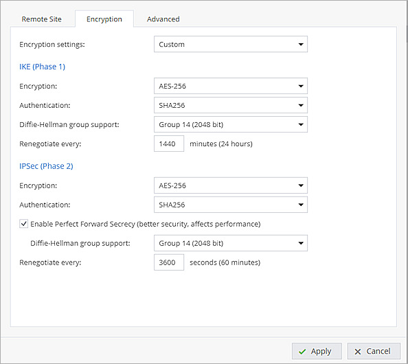 Screen shot of the Encryption settings