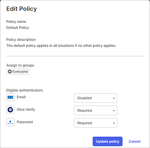 Screenshot of Okta, update default policy