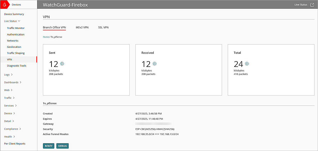 Screenshot of WGC test VPN live status