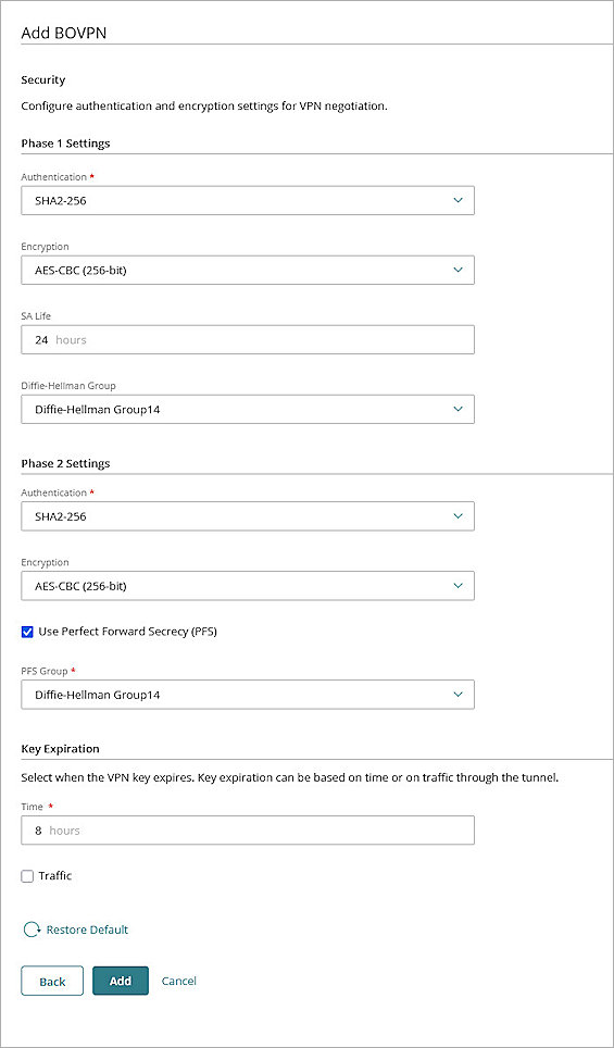 Screenshot of the Security settings on the Add BOVPN page