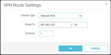 Screenshot of Fireware Web UI, BOVPN Virtual Interface > Add page with VPN Route Settings dialog box 