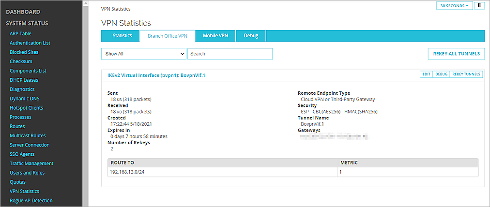 Screenshot of  BOVPN statistics