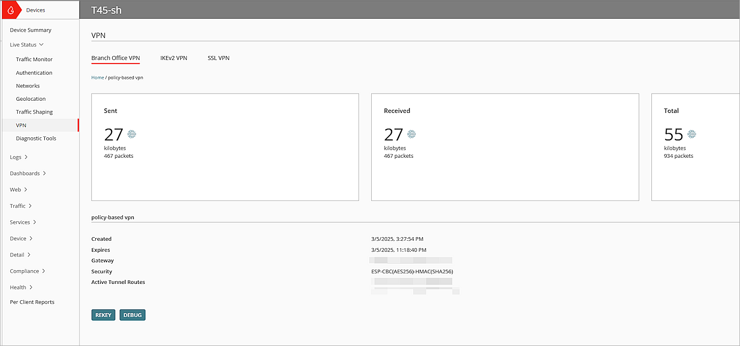 Screenshot of the Live Status VPN page with Branch Office VPN tab in WatchGuard Cloud