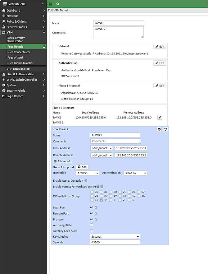 Screenshot of the Edit VPN Tunnel page with Phase 2 settings in the FortiGate Web UI