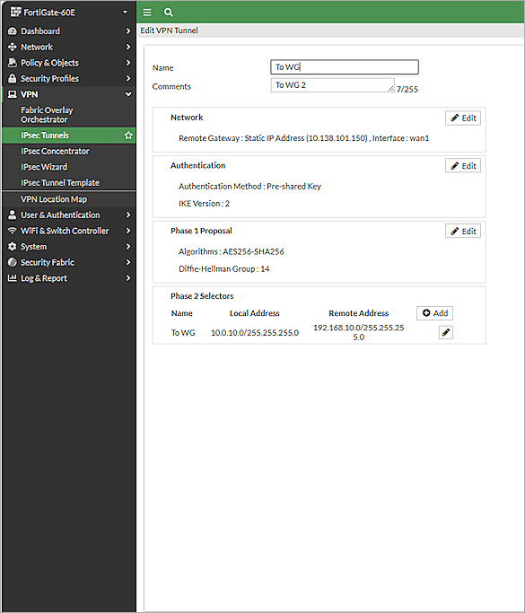 Screenshot of the Edit VPN Tunnel page with new tunnel in the FortiGate Web UI