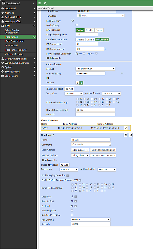 Screenshot of the New VPN Tunnel page with Phase 2 Proposal settings in the FortiGate Web UI