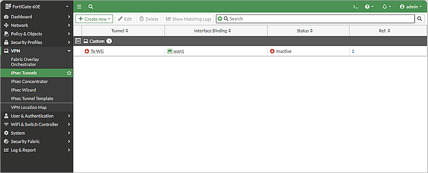 Screenshot of the IPsec Tunnels page with edited tunnel in the FortiGate Web UI