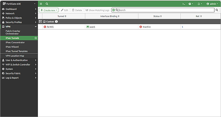 Screenshot of the IPsec Tunnels page with new tunnel in the FortiGate Web UI